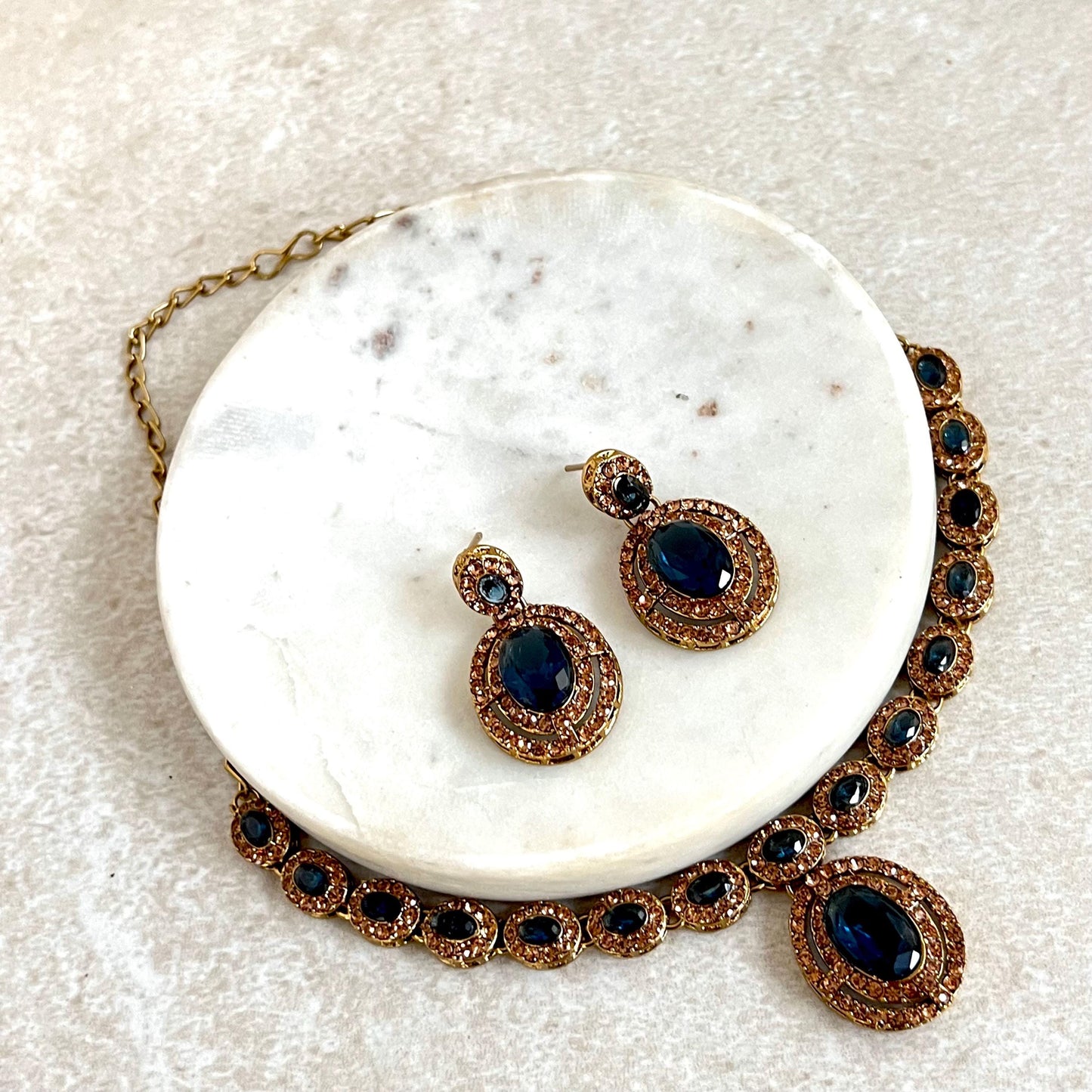 Navy Blue Antique Gold Small Simple Necklace Earring Set High Quality Indian Pakistani Bollywood Fashion Jewellery Lightweight Sale