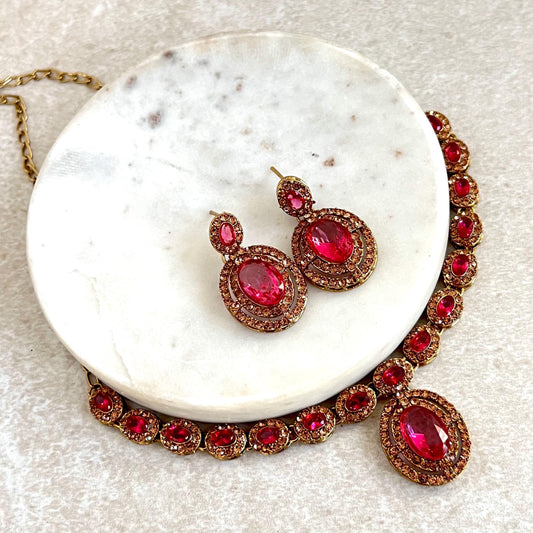 Hot Pink Antique Gold Small Simple Necklace Earring Set High Quality Indian Pakistani Bollywood Fashion Jewellery Lightweight Sale