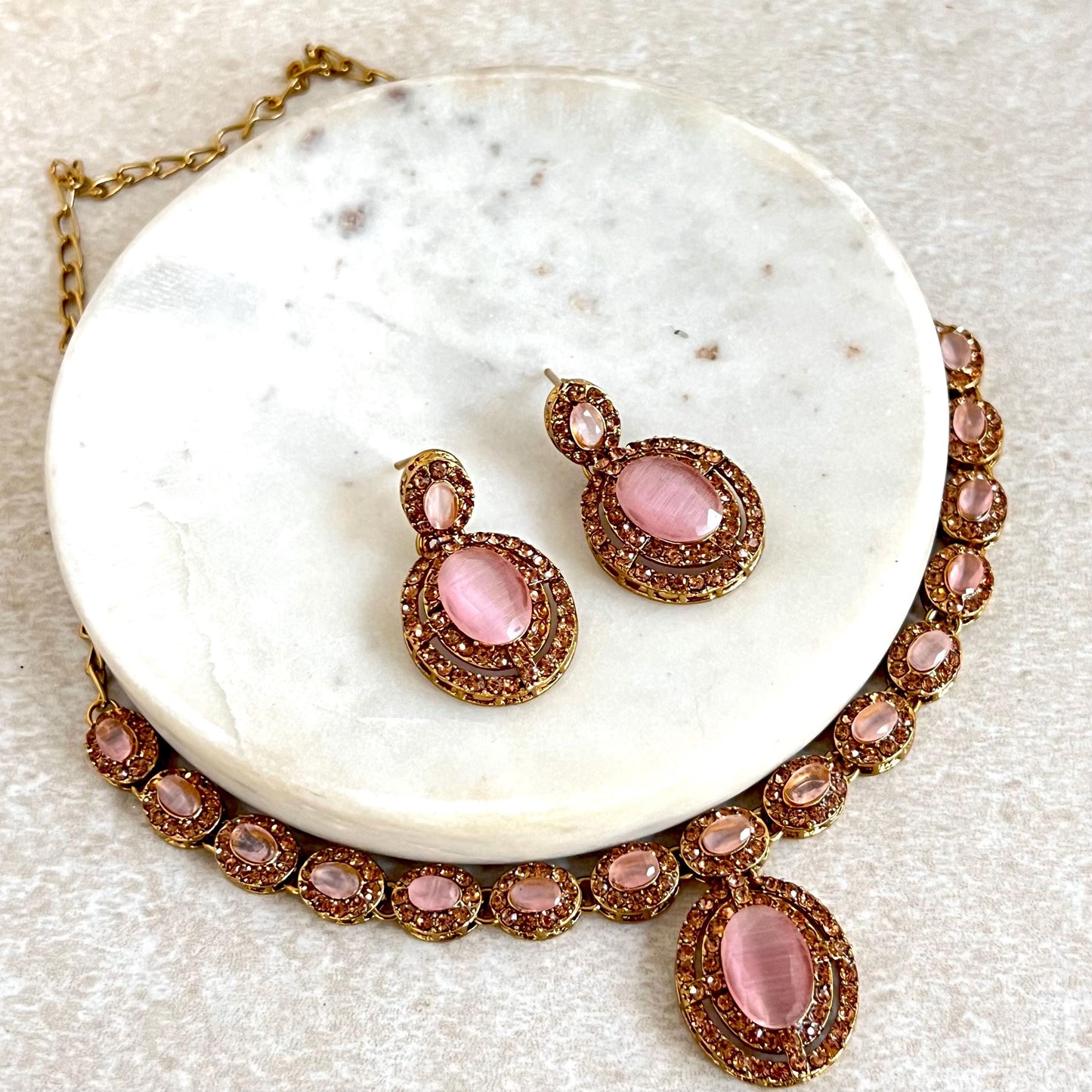 Pink Antique Gold Small Simple Necklace Earring Set High Quality Indian Pakistani Bollywood Fashion Jewellery Lightweight Sale