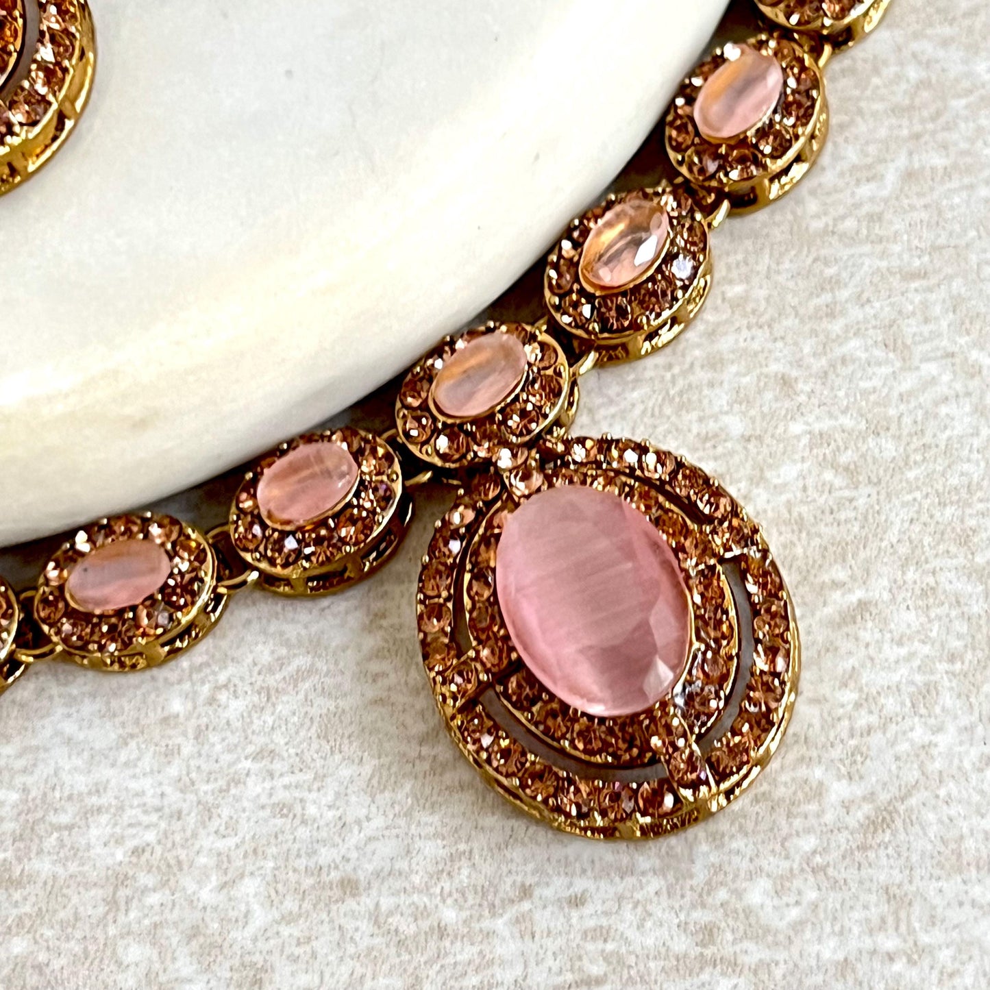 Pink Antique Gold Small Simple Necklace Earring Set High Quality Indian Pakistani Bollywood Fashion Jewellery Lightweight Sale