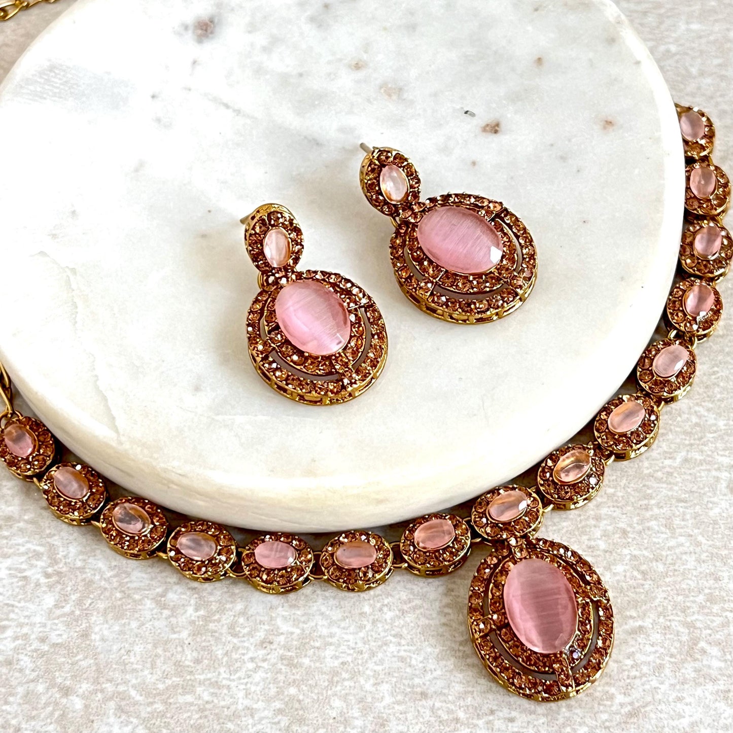 Pink Antique Gold Small Simple Necklace Earring Set High Quality Indian Pakistani Bollywood Fashion Jewellery Lightweight Sale