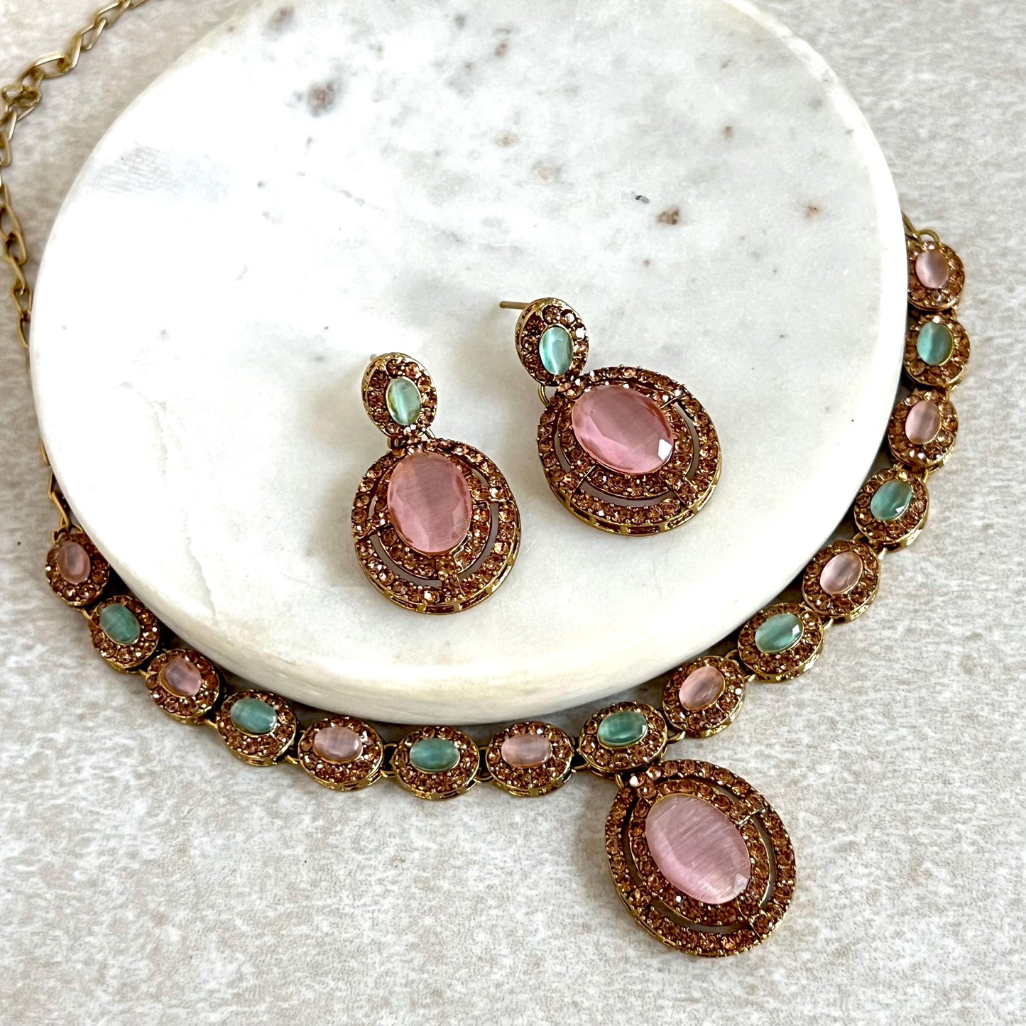 Pink Blue Pastel Antique Gold Small Simple Necklace Earring Set High Quality Indian Pakistani Bollywood Fashion Jewellery Lightweight Sale