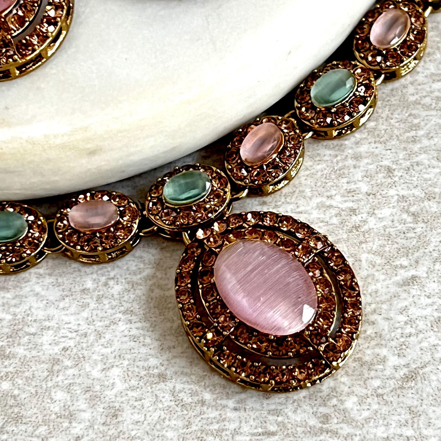 Pink Blue Pastel Antique Gold Small Simple Necklace Earring Set High Quality Indian Pakistani Bollywood Fashion Jewellery Lightweight Sale