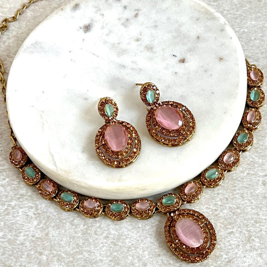 Pink Blue Pastel Antique Gold Small Simple Necklace Earring Set High Quality Indian Pakistani Bollywood Fashion Jewellery Lightweight Sale