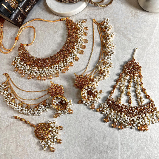 Full Bridal Set - Antique Gold Golden Rhinestone/ ZirconIndian / Pakistani Style/Necklace, Chain Jhumka Earring, Tikka, Jhumar Wedding/ Gift