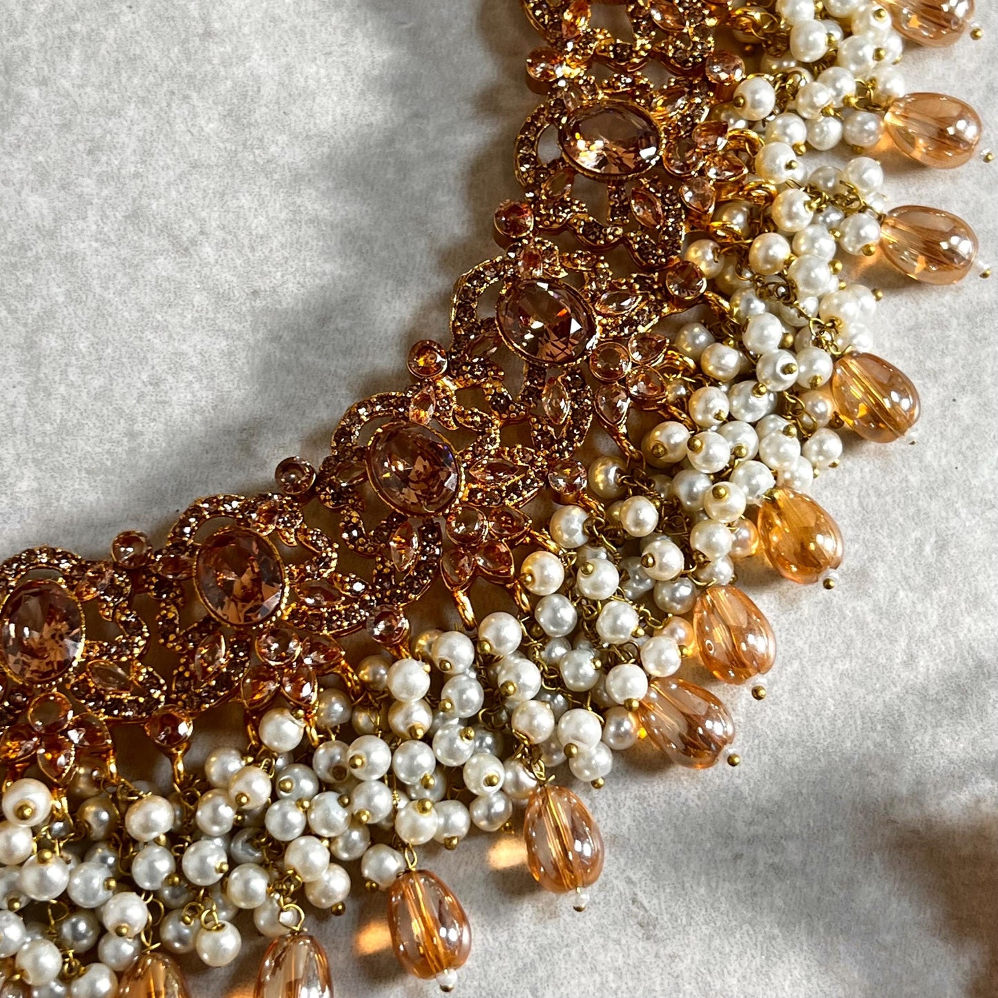 Full Bridal Set - Antique Gold Golden Rhinestone/ ZirconIndian / Pakistani Style/Necklace, Chain Jhumka Earring, Tikka, Jhumar Wedding/ Gift