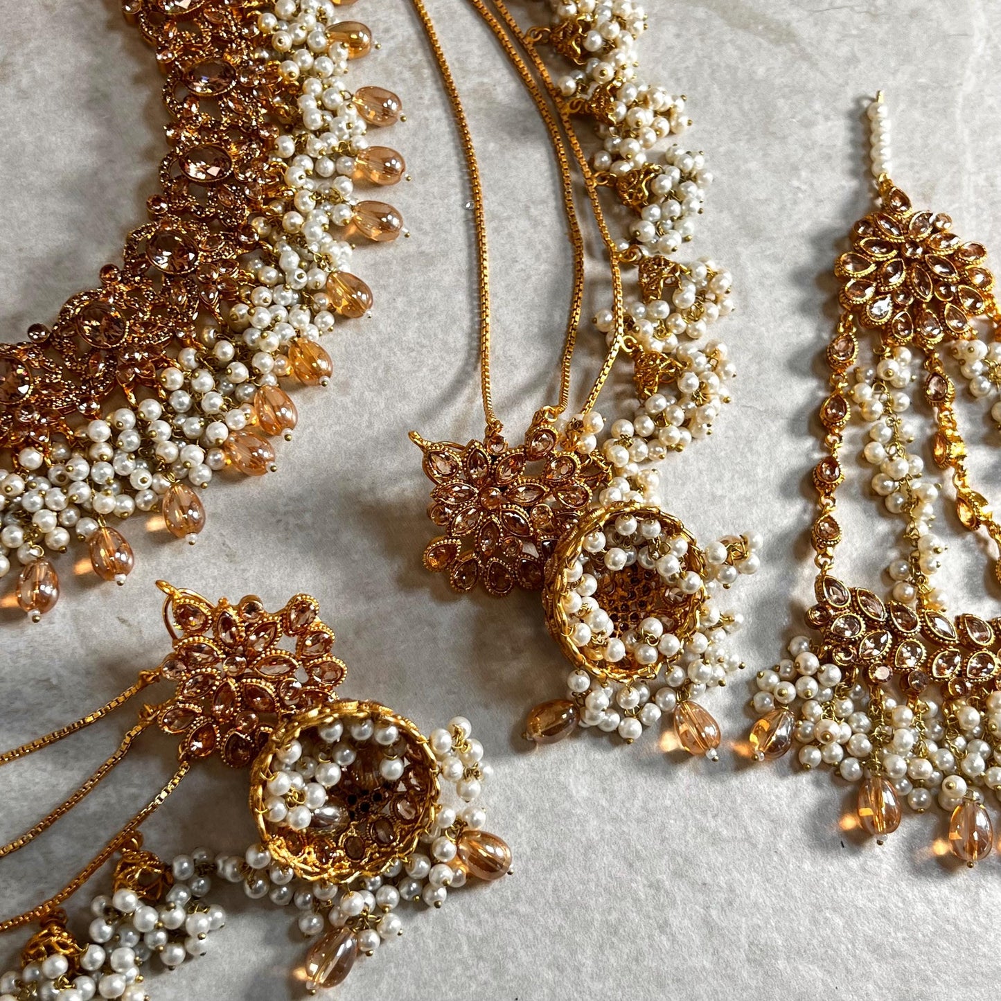 Full Bridal Set - Antique Gold Golden Rhinestone/ ZirconIndian / Pakistani Style/Necklace, Chain Jhumka Earring, Tikka, Jhumar Wedding/ Gift