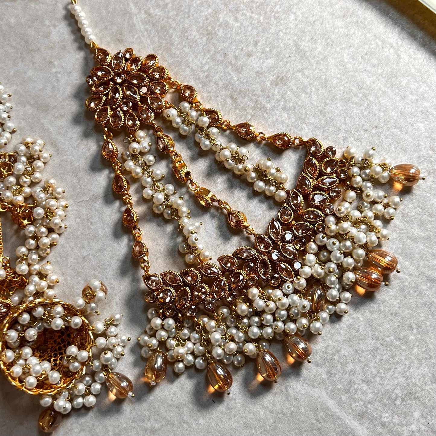 Full Bridal Set - Antique Gold Golden Rhinestone/ ZirconIndian / Pakistani Style/Necklace, Chain Jhumka Earring, Tikka, Jhumar Wedding/ Gift