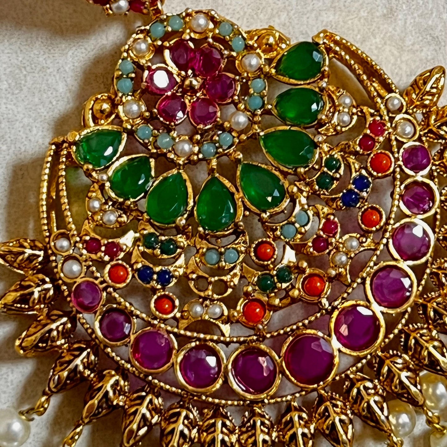 Mendhi Jewels-Multicolour Earrings and Tikka Set/ Henna party/Pakistani/ Indian Style Earring/Antique Gold with Colourful Crystals Imperfect