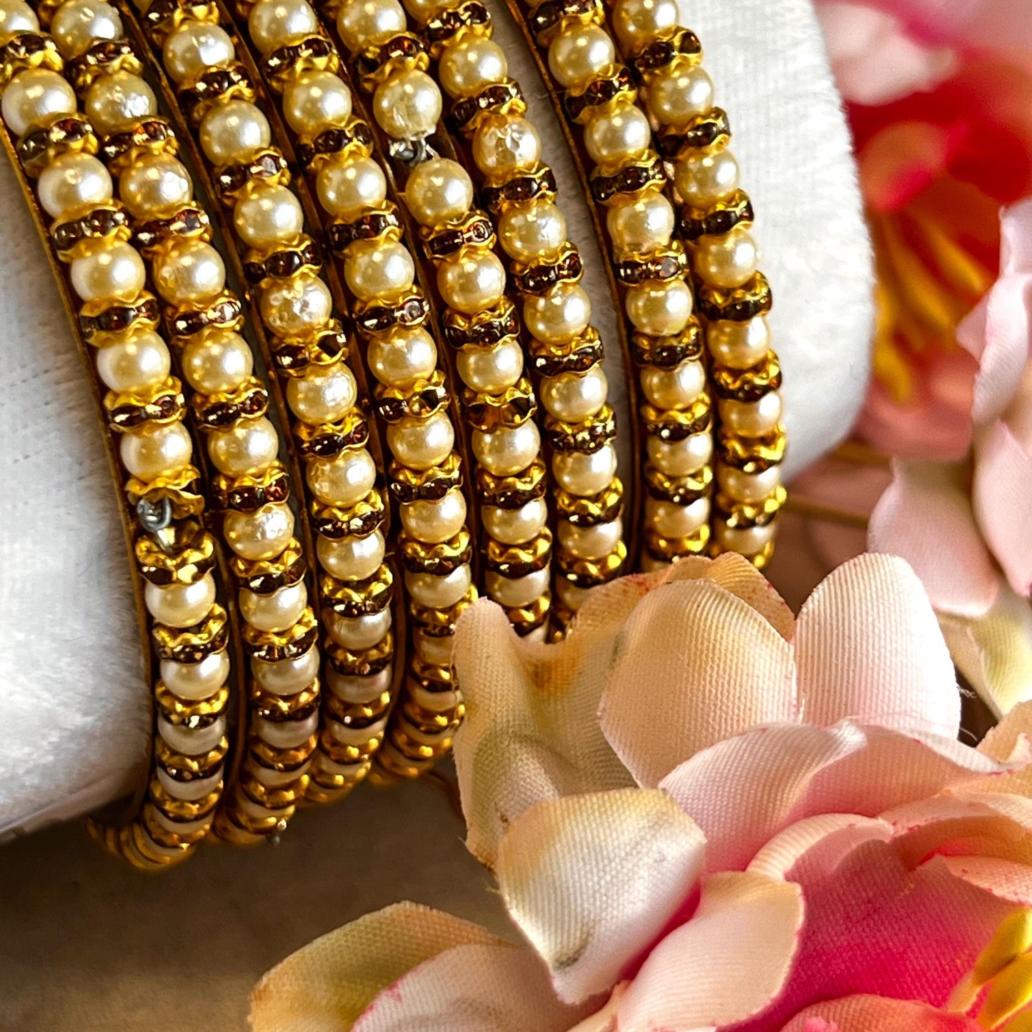 Pearl Antique Gold Rhinestone Set Of 8 Bangles High Quality Indian Pakistani Bollywood Fashion Jewellery Churi Bracelet All Sizes