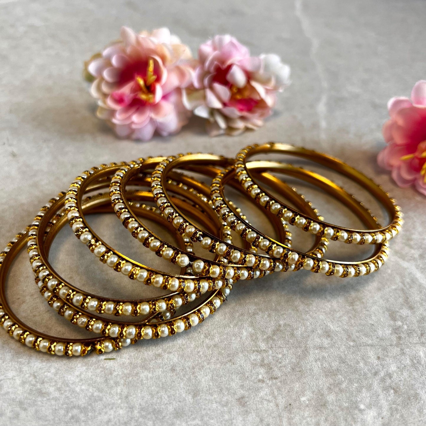 Pearl Antique Gold Rhinestone Set Of 8 Bangles High Quality Indian Pakistani Bollywood Fashion Jewellery Churi Bracelet All Sizes