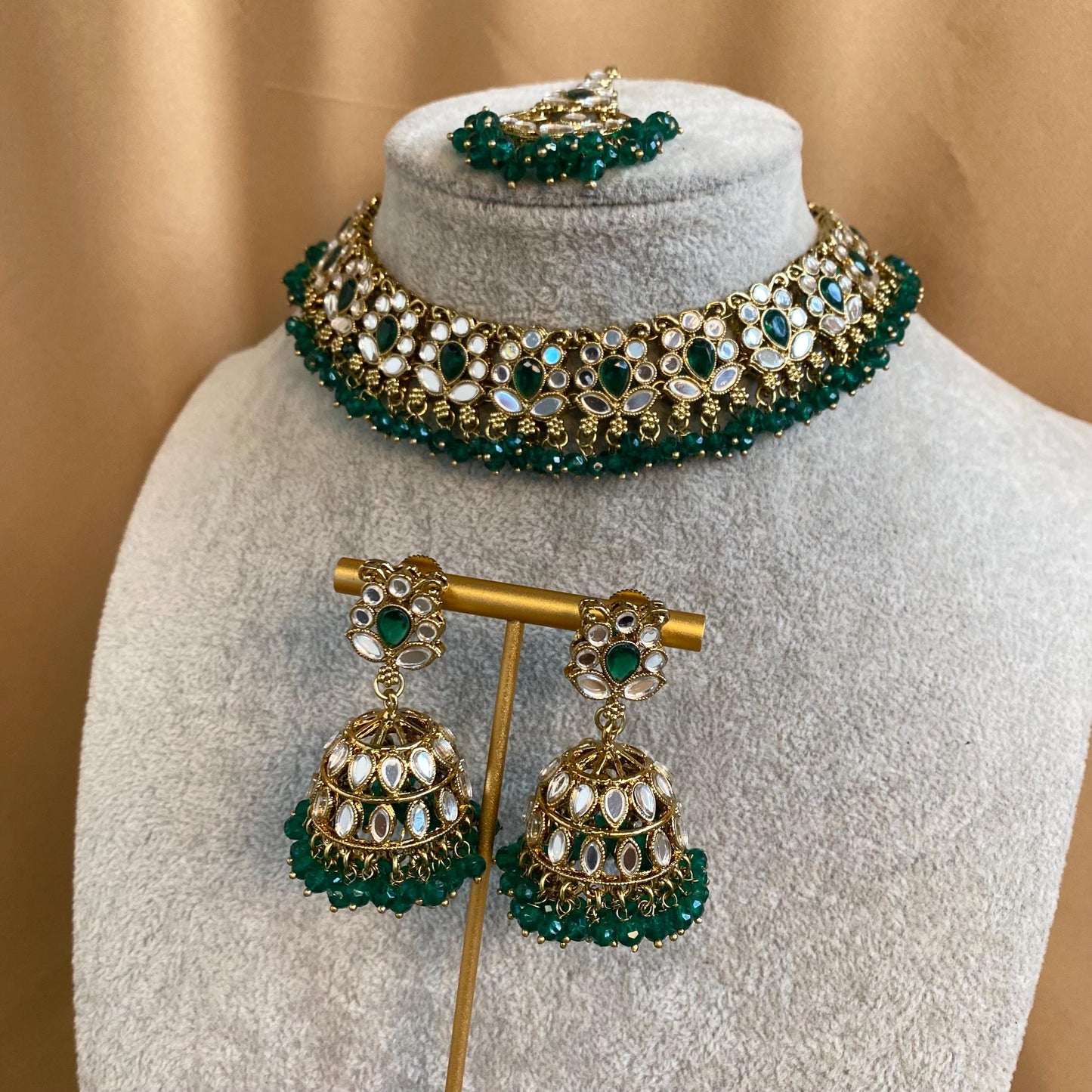 Mirror Choker Set with Chain Earring detail Earring/ Tikka/ Tikli/ Indian/ Pakistani/Fashion Jewellery/ Gift for Women/green