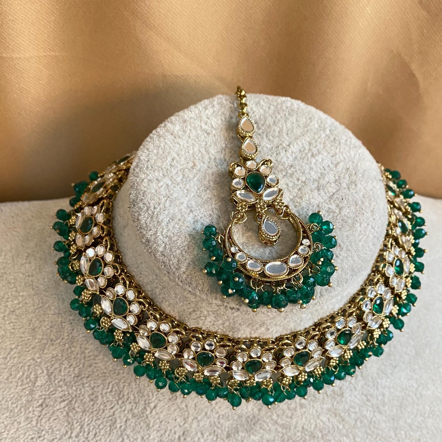 Mirror Choker Set with Chain Earring detail Earring/ Tikka/ Tikli/ Indian/ Pakistani/Fashion Jewellery/ Gift for Women/green
