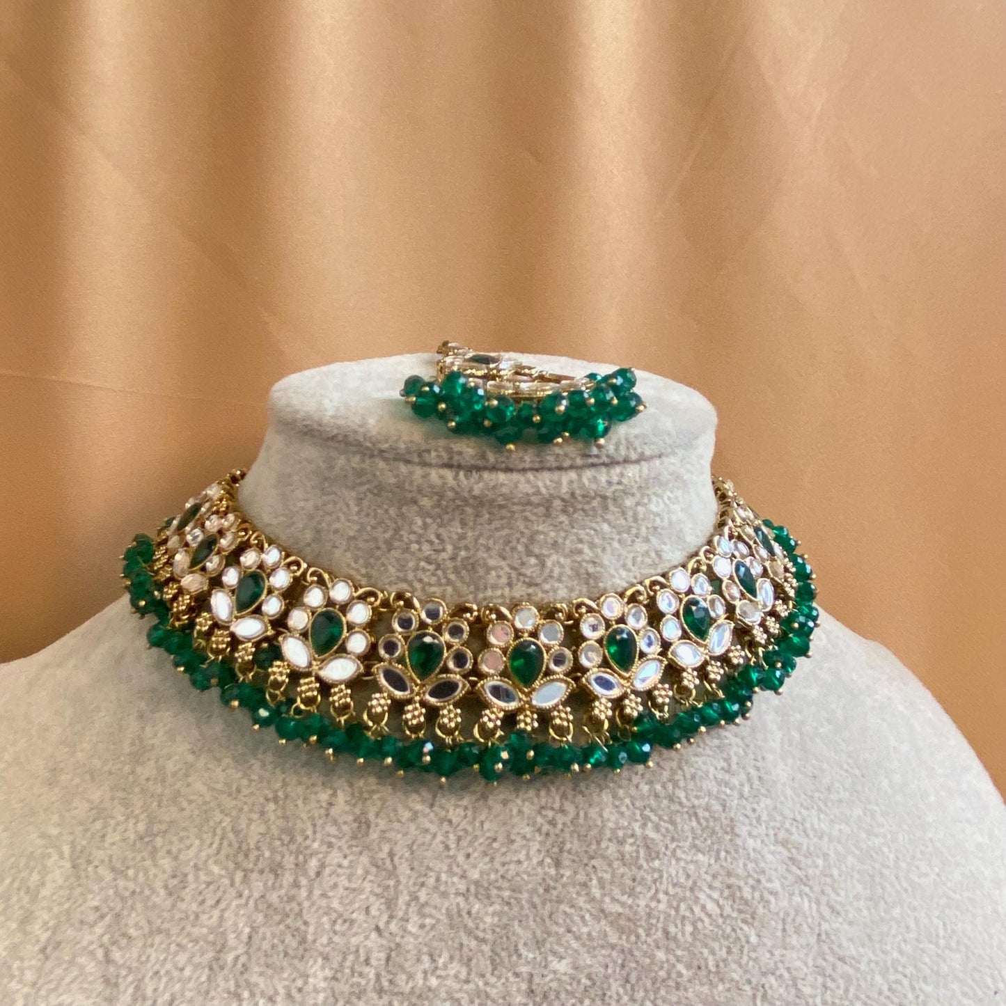 Mirror Choker Set with Chain Earring detail Earring/ Tikka/ Tikli/ Indian/ Pakistani/Fashion Jewellery/ Gift for Women/green