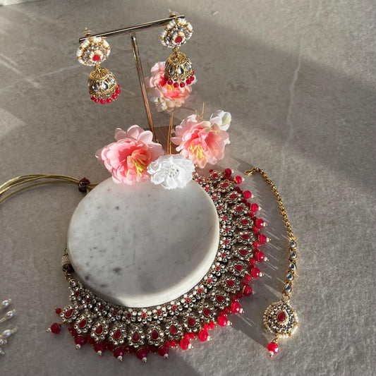 Faux Kundan Hot Pink Ruby Necklace Set Small Jhumka Earring Tikka Bollywood Indian Pakistani Fashion Jewellery Gift for Women