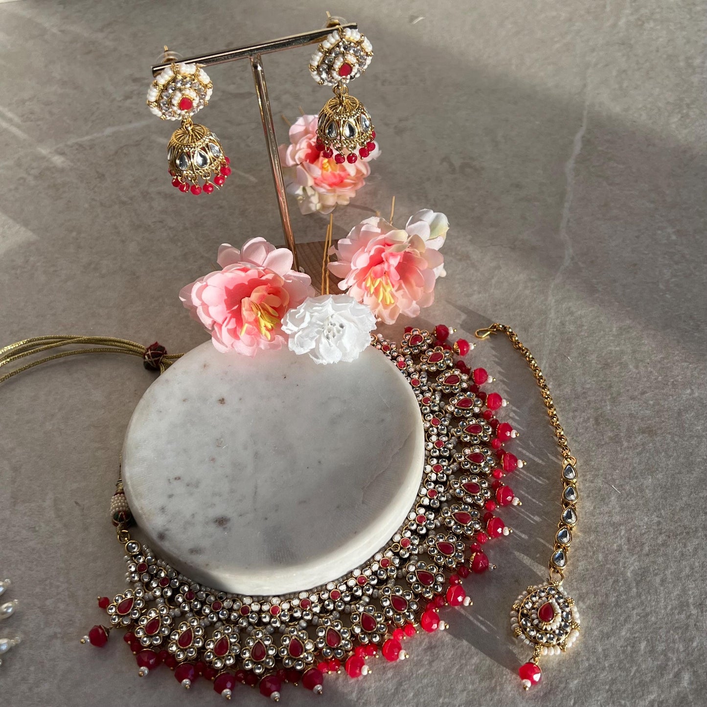 Faux Kundan Hot Pink Ruby Necklace Set Small Jhumka Earring Tikka Bollywood Indian Pakistani Fashion Jewellery Gift for Women