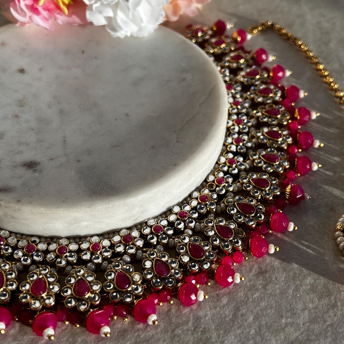 Faux Kundan Hot Pink Ruby Necklace Set Small Jhumka Earring Tikka Bollywood Indian Pakistani Fashion Jewellery Gift for Women