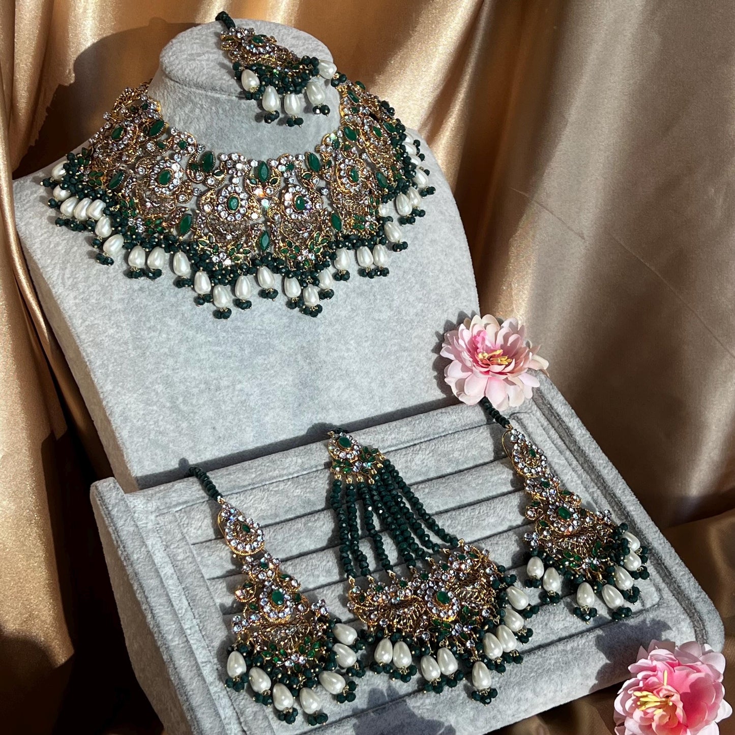 Green Bridal Necklace set Bollywood Indian Pakistani New Style High Quality Wedding Fashion Jewellery Necklace set with Jhumar