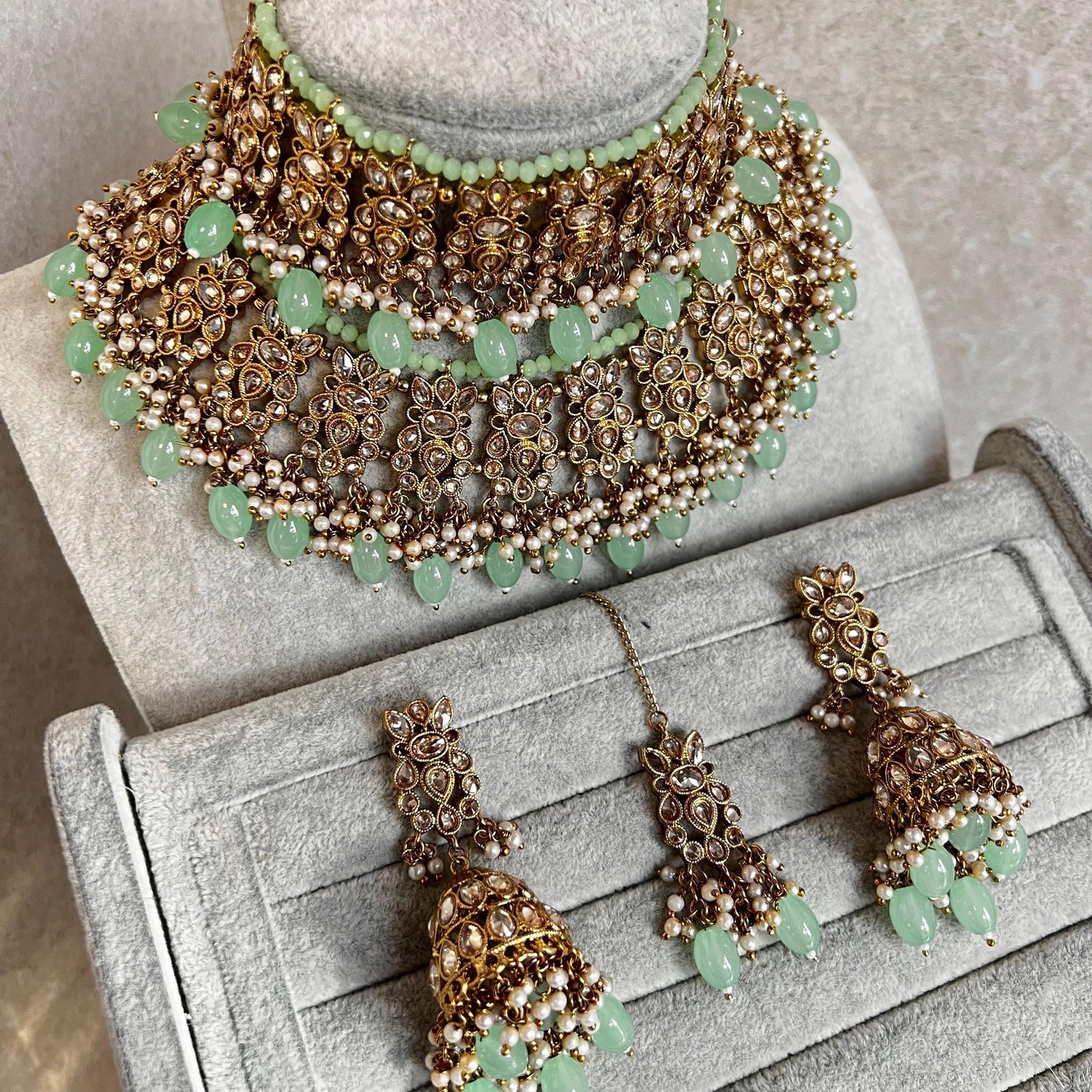 Mint Green Choker Necklace Bridal Set ,Antique gold with Champagne Crystals- Indian/ Pakistani Style/Bridal set/Wedding/Jhumka Earring Tikka