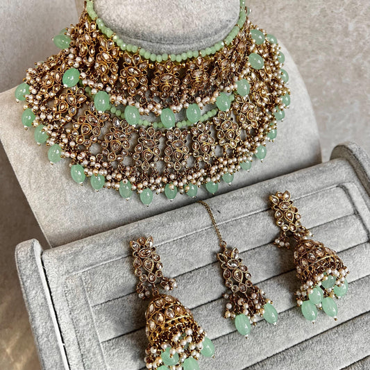 Mint Green Choker Necklace Bridal Set ,Antique gold with Champagne Crystals- Indian/ Pakistani Style/Bridal set/Wedding/Jhumka Earring Tikka