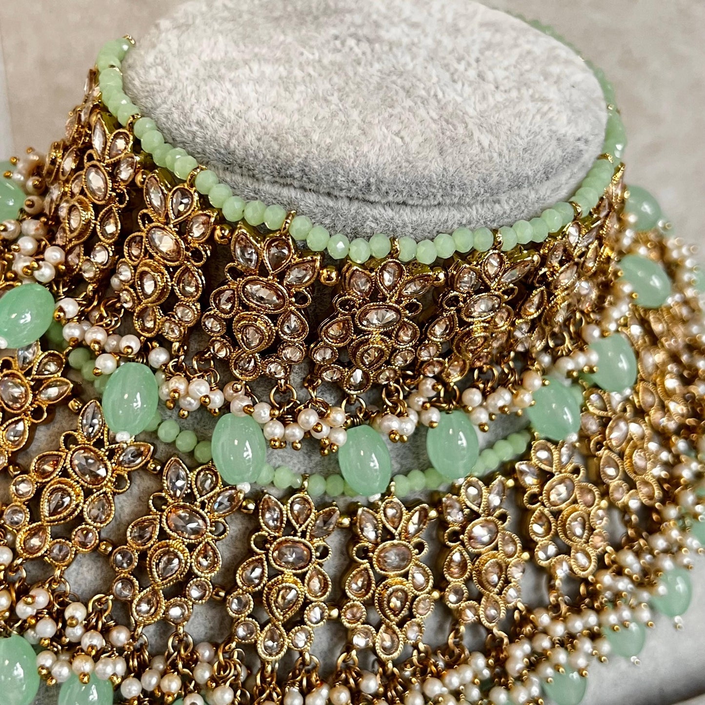Mint Green Choker Necklace Bridal Set ,Antique gold with Champagne Crystals- Indian/ Pakistani Style/Bridal set/Wedding/Jhumka Earring Tikka