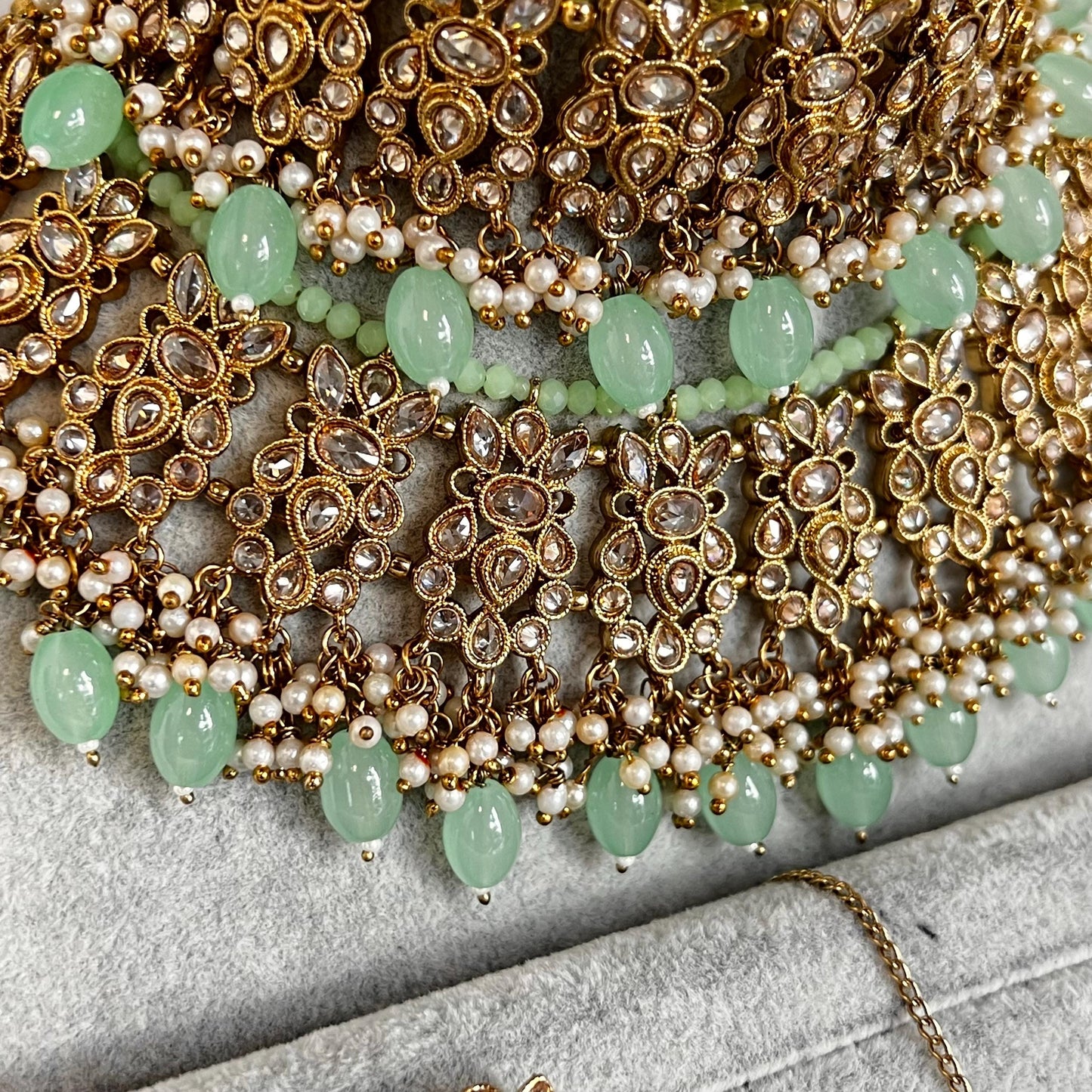Mint Green Choker Necklace Bridal Set ,Antique gold with Champagne Crystals- Indian/ Pakistani Style/Bridal set/Wedding/Jhumka Earring Tikka