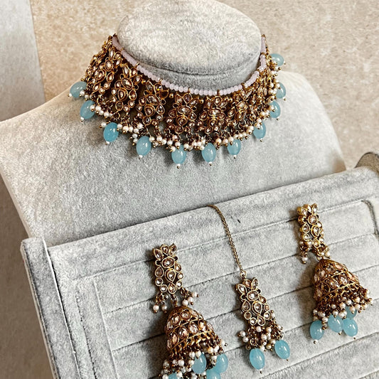 Pastel Choker, Jhumka Earring and Tikka  Set ,Antique gold with Champagne Crystals- Indian/ Pakistani Style/Mendhi Wedding/ Pink Blue