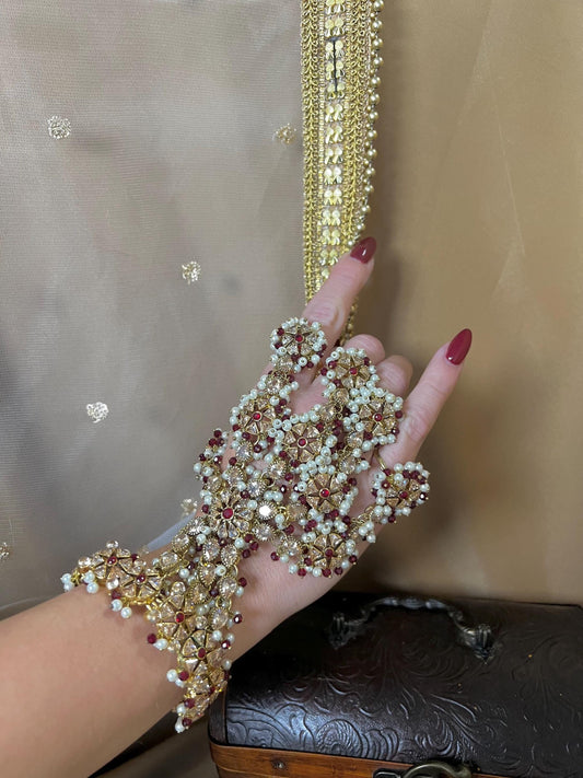 Maroon/Goldplated 5 Ring Hand Harness/ Hathpool/Fashion Jewellery/Gold Hathpool/Indian/Pakistani style /Haathphool/Hand Accessory