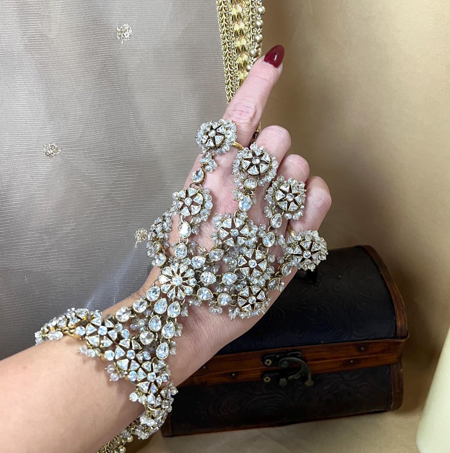 Clear/Goldplated 5 Ring Hand Harness/ Hathpool/Fashion Jewellery/Gold Hathpool/Indian/Pakistani style /Haathphool/Hand Accessory