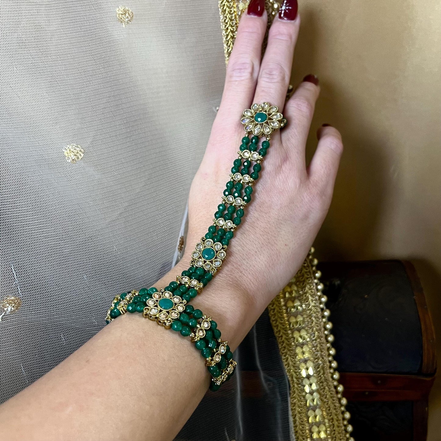 Green Pearl Hand Harness/ Fashion Jewellery/ Gift for Women/Indian/Pakistani style /Haathphool/Hand Accessory