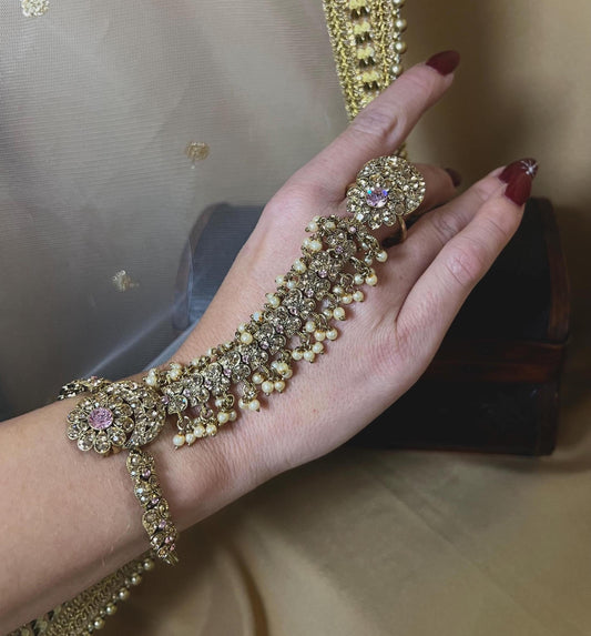 Pink & Gold Hand Harness - One Arm Only/ Hathpool/Fashion Jewellery/Gold Hathpool/Indian/Pakistani style /Haathphool/Hand Accessory