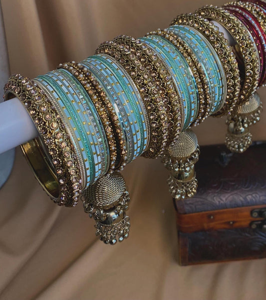 Midi Mint & Golden Bangle Set Both Arms - 2.6  /Jhumka Bangles/