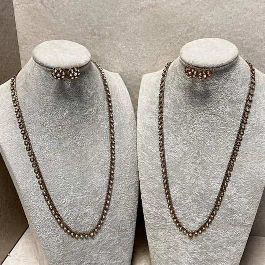 Champagne or Clear Long Necklace and Earring set/Antique Gold with Zircon Crystal and Stud earring. No Tikka/ Pakistani/ Indian Fashion Set