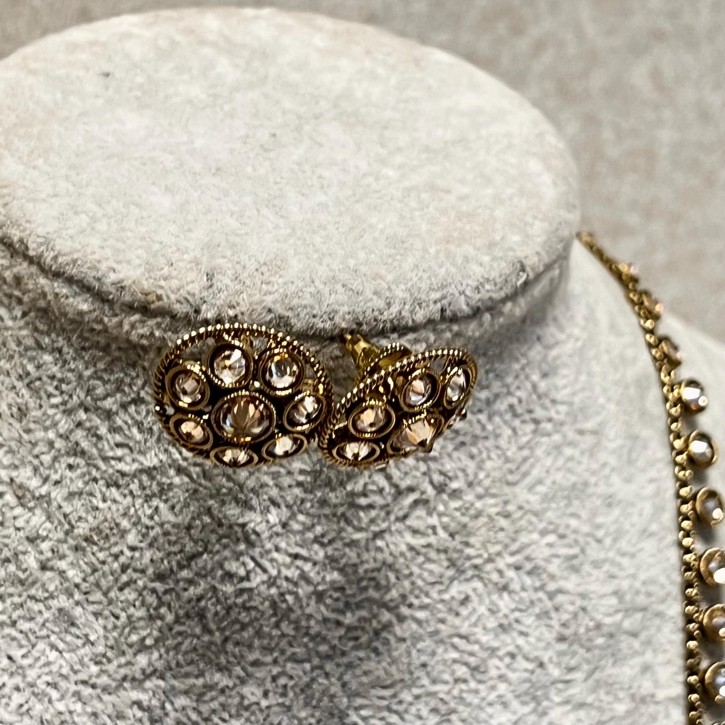 Champagne or Clear Long Necklace and Earring set/Antique Gold with Zircon Crystal and Stud earring. No Tikka/ Pakistani/ Indian Fashion Set