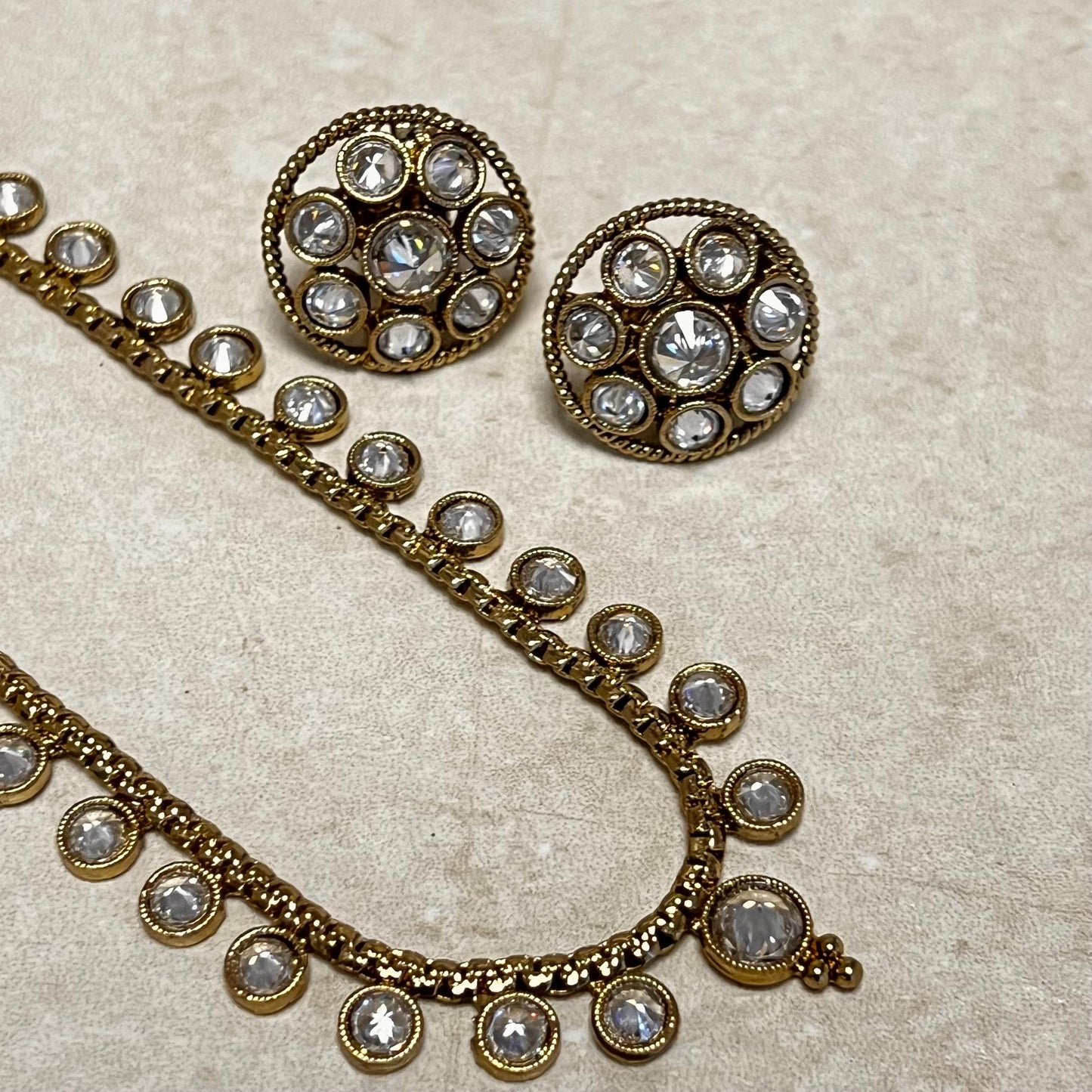 Champagne or Clear Long Necklace and Earring set/Antique Gold with Zircon Crystal and Stud earring. No Tikka/ Pakistani/ Indian Fashion Set