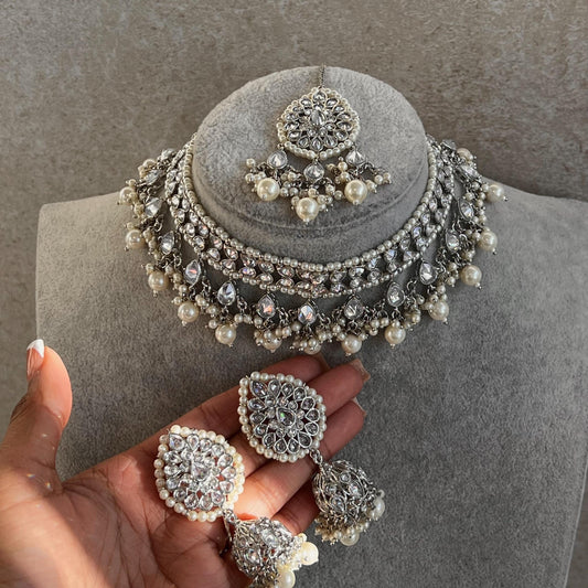 Silver Choker Set Stud Jhumka Earring Tikka Bollywood Indian Pakistani Fashion Jewellery High Quality Silver Zircon Crystal Gift for Women