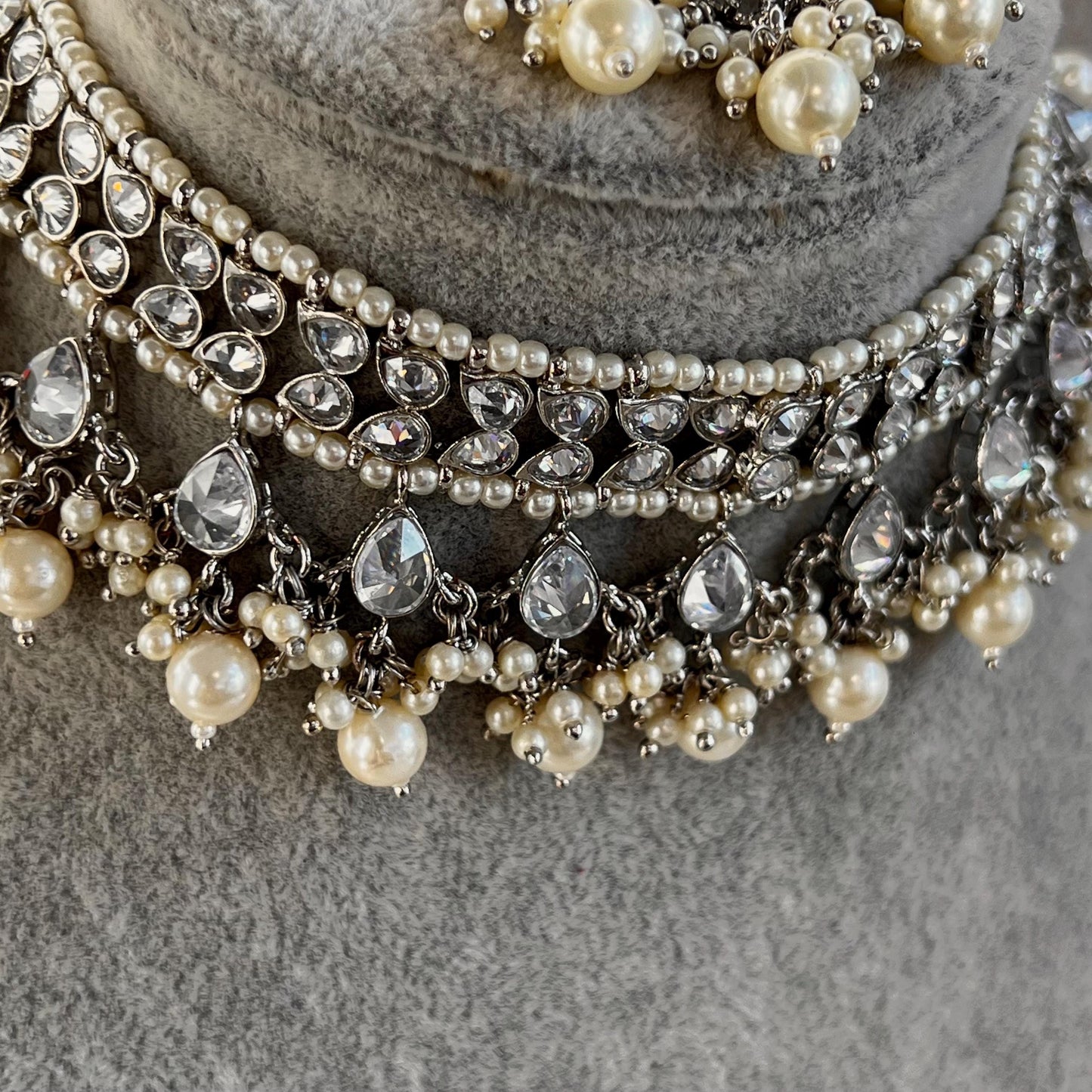 Silver Choker Set Stud Jhumka Earring Tikka Bollywood Indian Pakistani Fashion Jewellery High Quality Silver Zircon Crystal Gift for Women