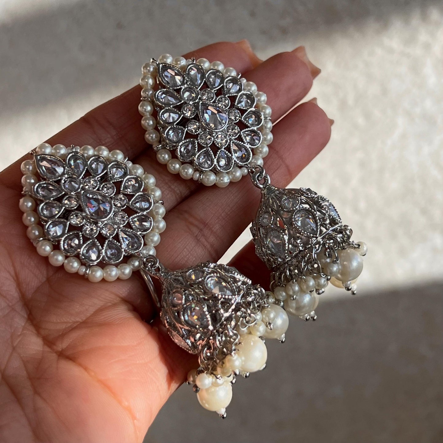 Silver Choker Set Stud Jhumka Earring Tikka Bollywood Indian Pakistani Fashion Jewellery High Quality Silver Zircon Crystal Gift for Women