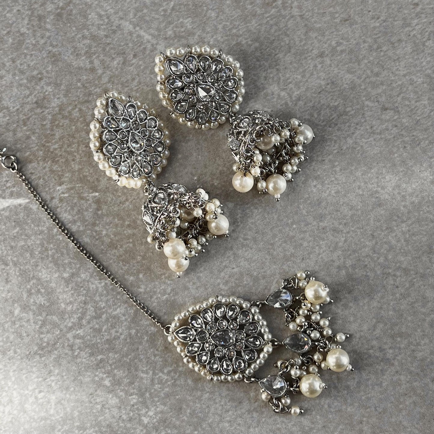 Silver Choker Set Stud Jhumka Earring Tikka Bollywood Indian Pakistani Fashion Jewellery High Quality Silver Zircon Crystal Gift for Women