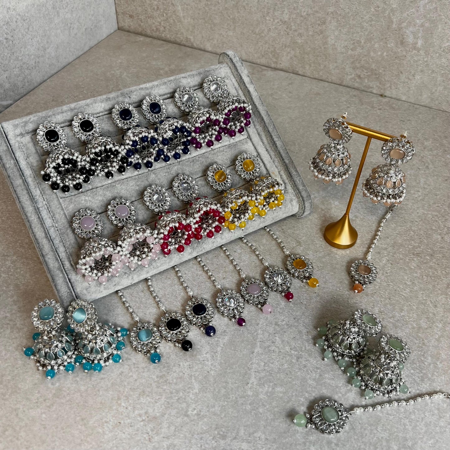 Small Silver Jhumka Earring Tikka 2 inch Zircon Crystal Indian Pakistani Bollywood Fashion Jewellery Gift High Quality Eid Wedding Party Set