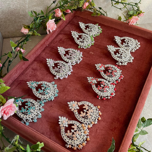 Large Silver Flat Earring 3 inch Rhinestone Indian Pakistani Bollywood Fashion Jewellery Gift High Quality Eid Wedding Party Set