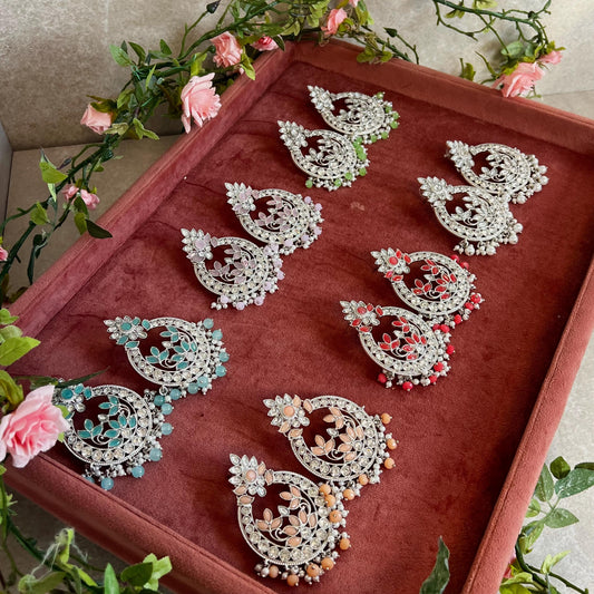 Large Silver Flat Earring 3 inch Rhinestone Indian Pakistani Bollywood Fashion Jewellery Gift High Quality Eid Wedding Party Set