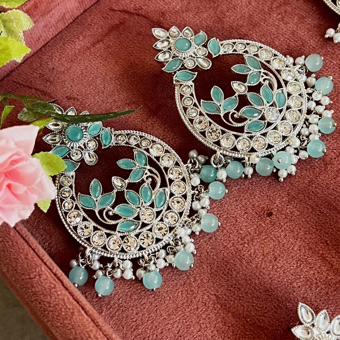 Large Silver Flat Earring 3 inch Rhinestone Indian Pakistani Bollywood Fashion Jewellery Gift High Quality Eid Wedding Party Set