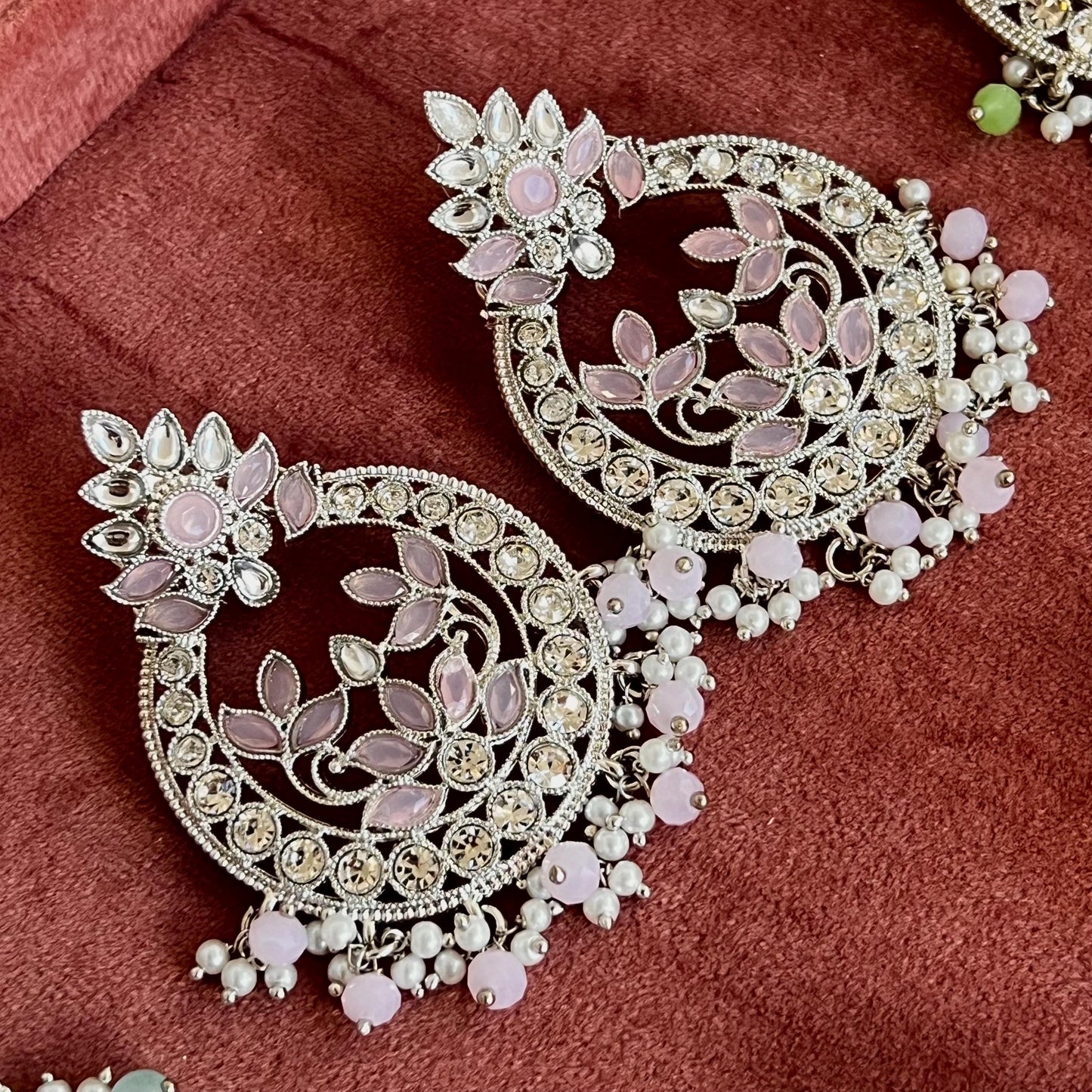 Large Silver Flat Earring 3 inch Rhinestone Indian Pakistani Bollywood Fashion Jewellery Gift High Quality Eid Wedding Party Set