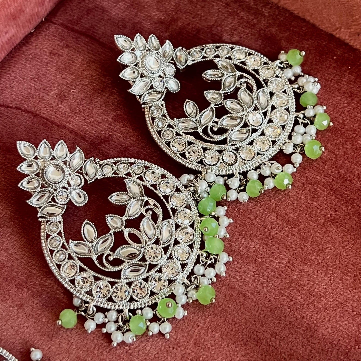 Large Silver Flat Earring 3 inch Rhinestone Indian Pakistani Bollywood Fashion Jewellery Gift High Quality Eid Wedding Party Set