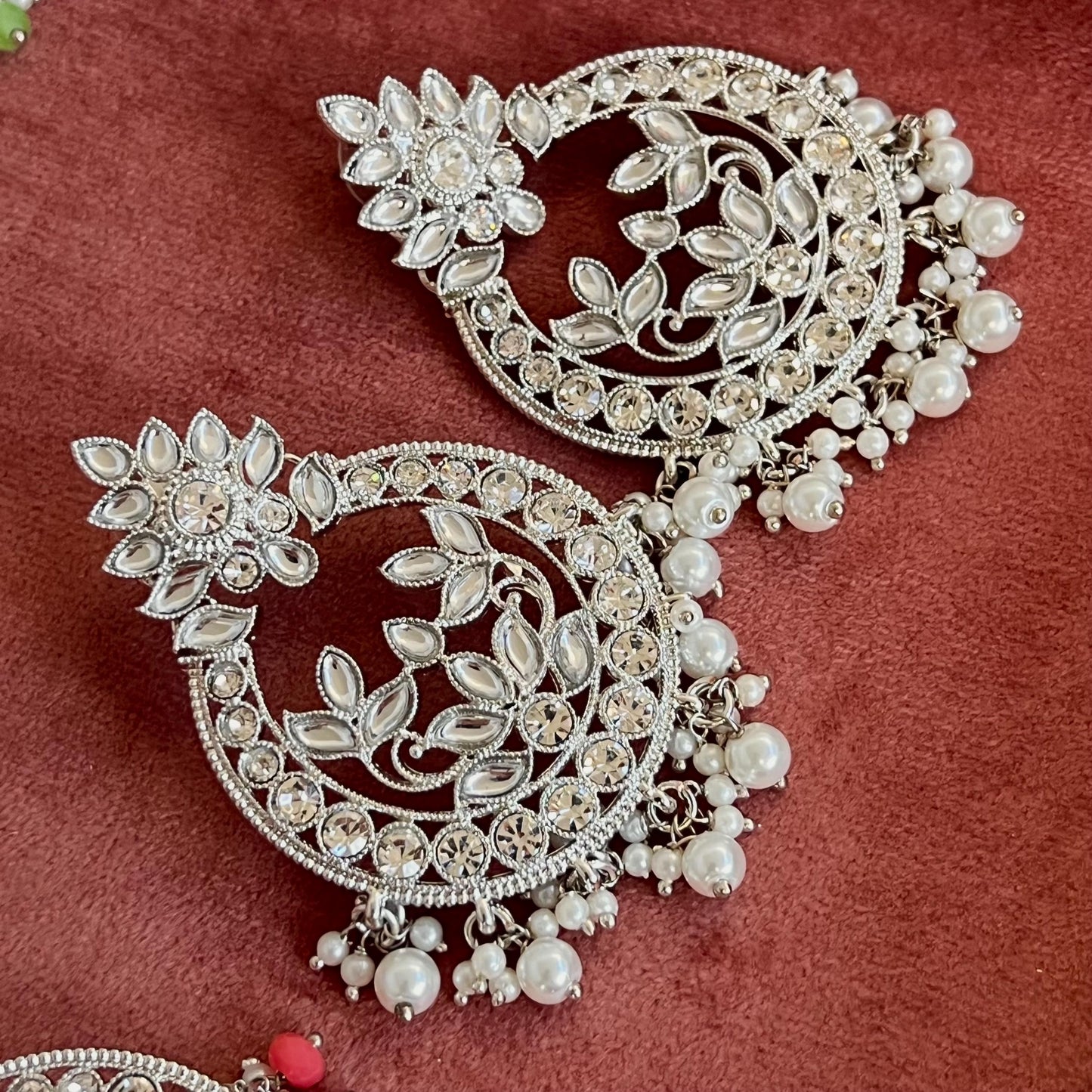 Large Silver Flat Earring 3 inch Rhinestone Indian Pakistani Bollywood Fashion Jewellery Gift High Quality Eid Wedding Party Set