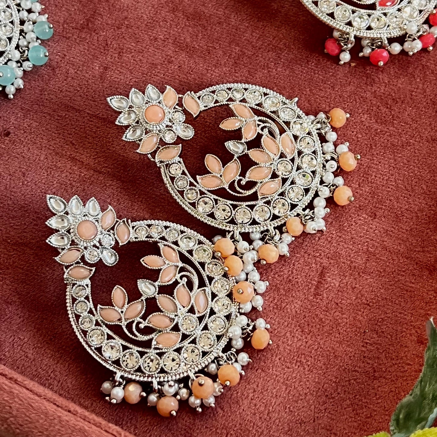 Large Silver Flat Earring 3 inch Rhinestone Indian Pakistani Bollywood Fashion Jewellery Gift High Quality Eid Wedding Party Set