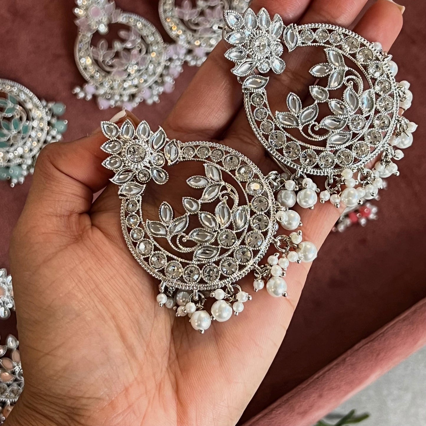 Large Silver Flat Earring 3 inch Rhinestone Indian Pakistani Bollywood Fashion Jewellery Gift High Quality Eid Wedding Party Set