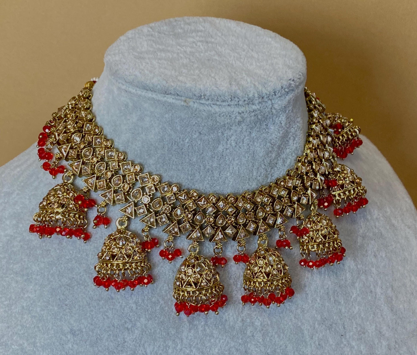 Red & Champagne Indian Jhumka Style Necklace/ Red Necklaces/ Indian Red Jhumka Necklaces/Pakistani Jewellery/Fashion Jewellery