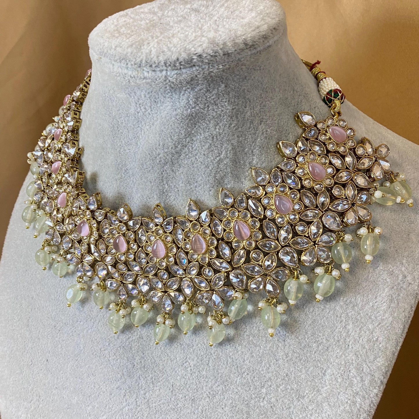 Pink & Mint Indian Bridal Set Clear Stonework/ Pink Bridal Jewels/Mint Bridal Set/Clear Bridal Set